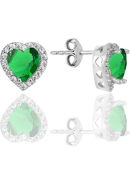 Gümüş Rodyumlu Yeşil Taşlı Pırlanta Montürlü Kalp Modeli Küpe SGTL12083YESIL