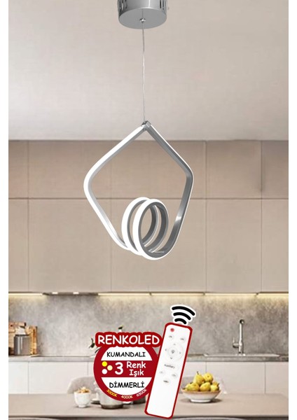 1 Kumandalı 3 Renk Modern Sarkıt LED Avize Gümüş Gri Kasa Ledli Alüminyum Gümüş 32 x 58 GU10