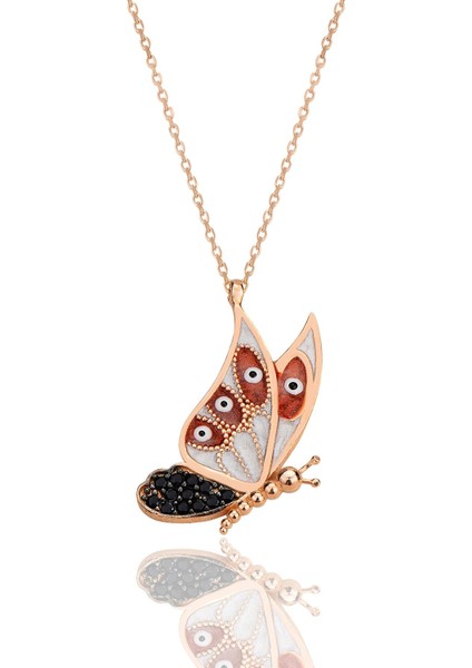 Gümüş Rose Onix Taşlı Kırmızı Mineli Kelebek Kolye SGTL12424ROSE