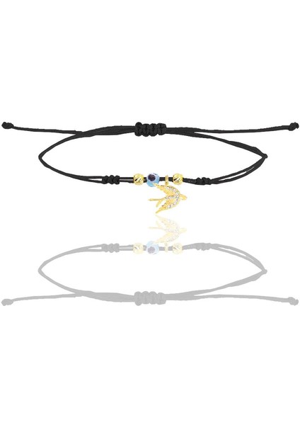 Gümüş Altın Yaldızlı Zirkon Taşlı Nazarlı Kırlangıç Siyah Ipli Şans Bileklik SGTL12452GOLD