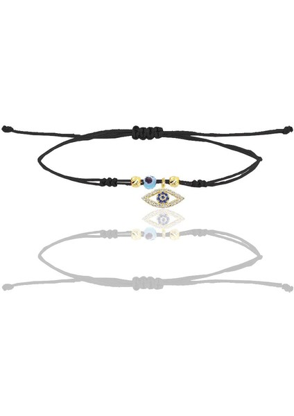 Gümüş Altın Yaldızlı Zirkon Taşlı Nazarlı Mekik Göz Siyah Ipli Şans Bileklik SGTL12453GOLD