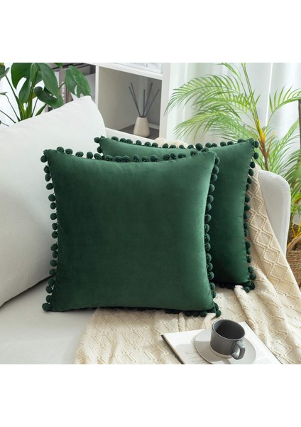 Wekity 2'Li Dekoratif Kırlent Kılıfı Paketi, Yumuşak Parçacıklar Kadife Katı Yastık Kılıfları Kanepe Yatak Odası Arabası Için Ponponlu (20 x 20 Inç, Koyu Yeşil) (Yurt Dışından)