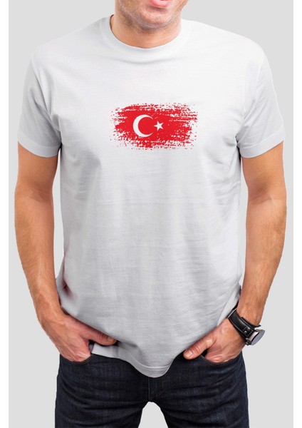 Türk Bayrağı Baskılı Beyaz Unisex Tişört C474