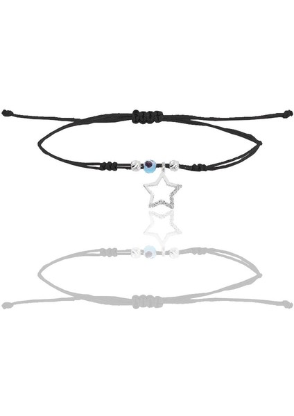 Gümüş Rodyumlu Zirkon Taşlı Nazarlı Yıldız Siyah Ipli Şans Bileklik SGTL12457RODAJ