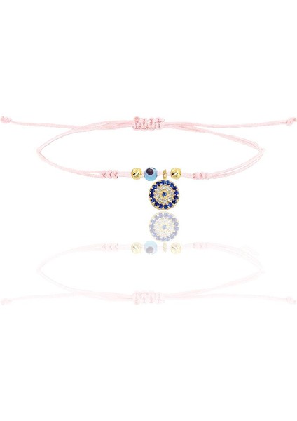 Gümüş Altın Yaldızlı Zirkon Taşlı Nazarlı Pembe Ipli Şans Bileklik SGTL12472GOLD
