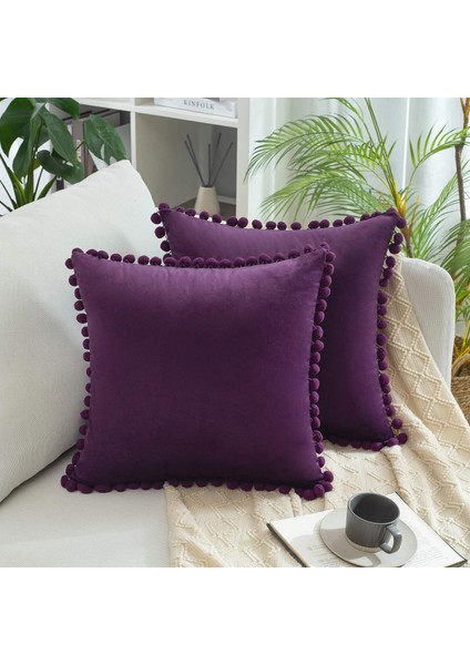 Wekity 2'Li Dekoratif Kırlent Kılıfı Paketi, Yumuşak Parçacıklar, Kanepe Yatak Odası Arabası Için Ponponlu Kadife Katı Yastık Kılıfları (18 x 18 Inç, Mor) (Yurt Dışından)
