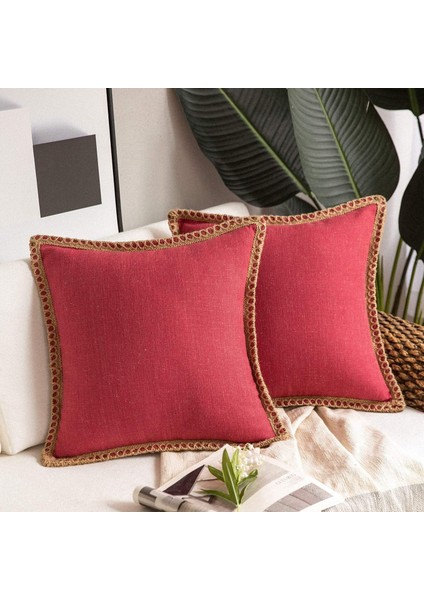 2'Li Çiftlik Evi Dekoratif Kırlent Kılıfı Paketi Çuval Bezi Keten Yastık Kılıfı Kesilmiş Özel Kenarlar Kırmızı 18 x 18 Inç, 45 x 45 cm (Yurt Dışından) fiyatları
