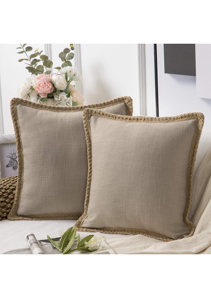 2'Li Çiftlik Evi Dekoratif Kırlent Kılıfı Paketi Çuval Bezi Keten Kesilmiş Özel Kenarlar Bej 20 x 20 Inç, 50 x 50 cm (Yurt Dışından) fiyatları