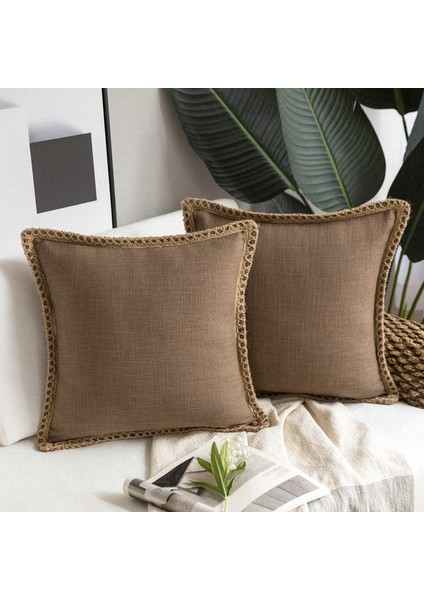 2'Li Çiftlik Evi Dekoratif Kırlent Kılıfı Paketi Çuval Bezi Keten Kesilmiş Özel Kenarlar Kahve 20 x 20 Inç, 50 x 50 cm (Yurt Dışından) fiyatları