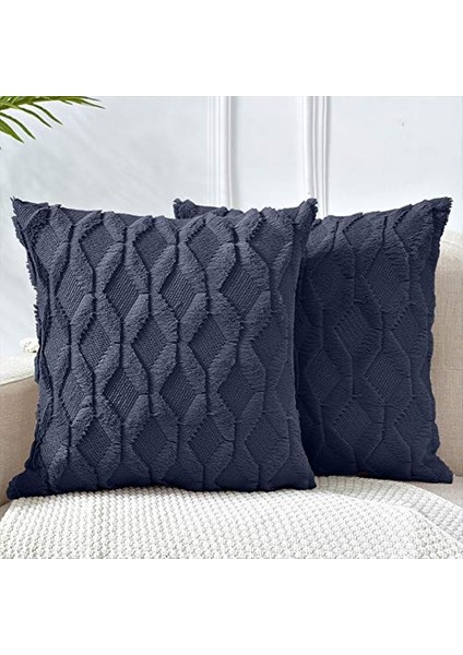 Yastık Kılıfı 20 x 20 cm Lacivert Dekoratif Boho Yastık Kılıfı Minder Örtüsü Kadife Lüks Yumuşak Peluş Kısa Yün Kanepe Kanepe Yatak Odası Araba Için, 2'Li Set (Yurt Dışından)