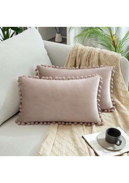 Wekity 2'Li Dekoratif Kırlent Kılıfı Paketi, Yumuşak Parçacıklar Kadife Katı Yastık Kılıfları Kanepe Yatak Odası Arabası Için Ponponlu (12 x 20 Inç, Pembe Karışım Gri) (Yurt Dışından)