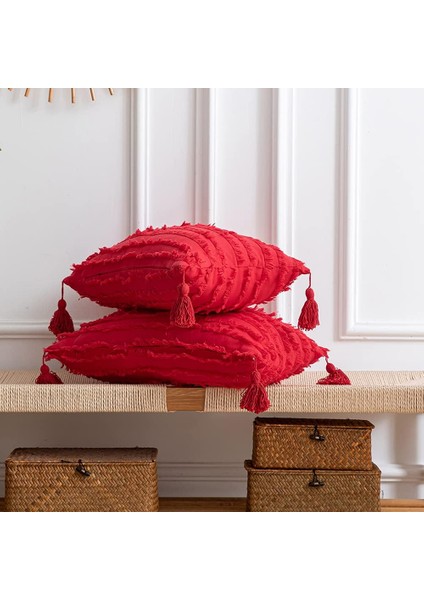 Boho Atmak Yastık Kılıfı: 2 Set 18 x 18 cm Kare Noel Kırmızı Çizgili Jakarlı Pamuk Keten Ev Dekoru Için Dekoratif Yastık Kılıfı Kanepe Kanepe Çiftlik Evi Oturma Odası Yatak Odası (Yurt Dışından) fiyatları