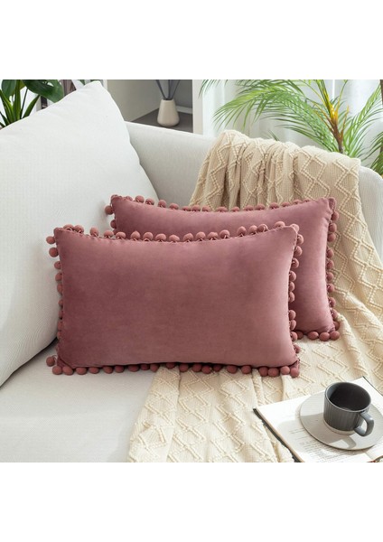 Wekity 2'Li Dekoratif Kırlent Kılıfı Paketi, Yumuşak Parçacıklar Kadife Katı Yastık Kılıfları, Kanepe Yatak Odası Arabası Için Ponponlu (12 x 20 Inç, Reçel) (Yurt Dışından)