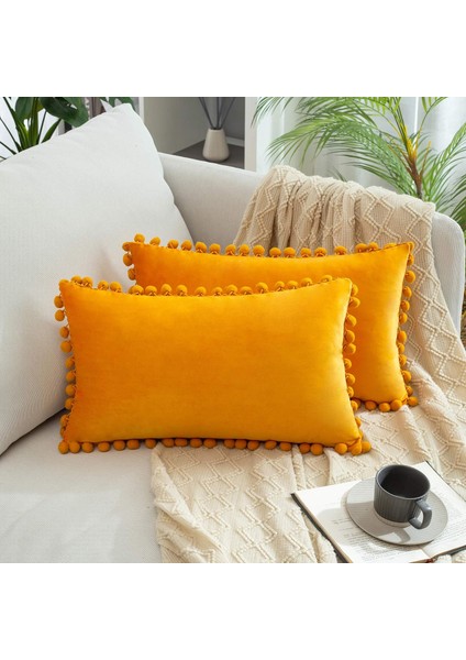 Wekity 2'Li Dekoratif Kırlent Kılıfı Paketi, Yumuşak Parçacıklar Kanepe Yatak Odası Arabası Için Ponponlu Kadife Katı Yastık Kılıfları (12 x 20 Inç, Sarı) (Yurt Dışından)