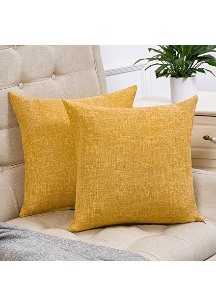 2 Set Hardal Sarı Yastık Kılıfı Rustik Keten Dekoratif Kare Atmak Yastık Kılıfı 16 x 16 Inç Kanepe Kanepe Dekorasyonu Için (Yurt Dışından)