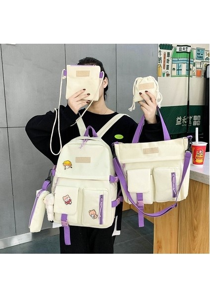 5 Parça Tuval Kumaş Okul Sırt Çantası Seti - Mavi (Yurt Dışından)