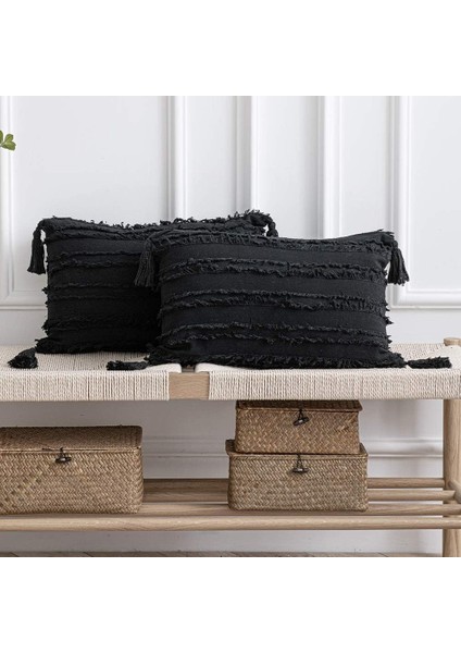 Siyah Atmak Yastık Kılıfı: 2 Paket 12 x 20 cm Inç Boho Çizgili Pamuk Keten Dikdörtgen Dekoratif Yastık Kılıfı Çiftlik Evi Kanepe Kanepe Sandalye Için Püsküllü (Yurt Dışından)