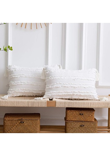 12 x 20 cm Kırlent Kılıfı: 2'Li Paket Boho Çizgili Pamuk Keten Dikdörtgen Çiftlik Evi Kanepe Kanepe Sandalye Için Püsküllü Dekoratif Yastık Kılıfı, Fildişi Beyaz (Yurt Dışından) fiyatları