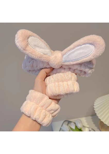 Sevimli Peluş Tavşan Kulaklarından Oluşan Üç Parçalı Set Yüz Yıkama Bandı, Üç Boyutlu Yay Bandı Saç Aksesuarları (Yurt Dışından)