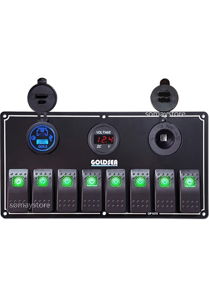 Marine Switch Panel 8 Anahtarlı Usb Type-C + Voltmetre + Şarj Soketli 12-24V 120X235mm Yeşil