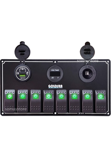 Marine Switch Panel 8 Anahtarlı Usb Type-C + Voltmetre + Şarj Soketli 12-24V 120X235mm Yeşil fiyatları