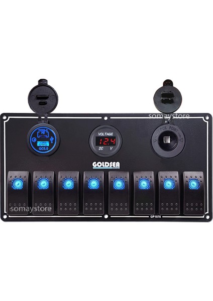Marine Switch Panel 8 Anahtarlı Usb Type-C + Voltmetre + Şarj Soketli 12-24V 120X235mm Mavi