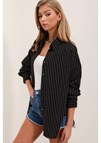 Kadın Siyah Beyaz Çizgili Oversize Uzun Basic Gömlek 3900