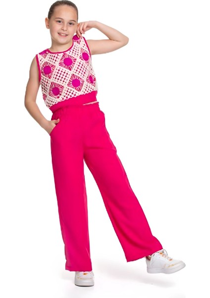 Örgü Desenli Crop ve Büzgülü Pantolon Kız çocuk takım - Fuşya