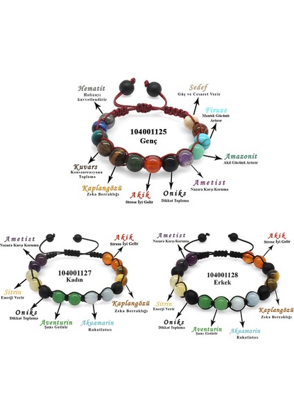 Makrome Örgülü Küre Kesim Multicolor Doğaltaş Kombinli Erkek-Kadın-Genç Başarı Bilekliği(3'lü Set)