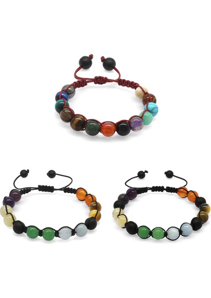 Makrome Örgülü Küre Kesim Multicolor Doğaltaş Kombinli Erkek-Kadın-Genç Başarı Bilekliği(3'lü Set)