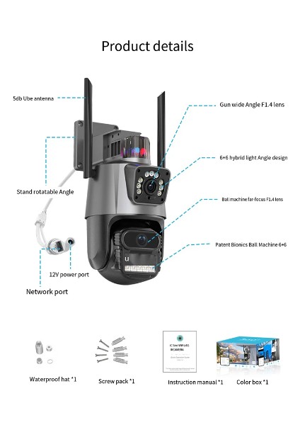 Çift Lens Wifi Güvenlik Kamerası IP66 Su Geçirmez Gece Görüş 2 Yönlü Ses Dış Mekan