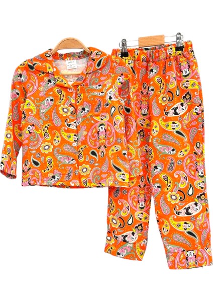 Kız Çocuk Düğmeli Etnik Desenli Gömlek Yaka Turuncu Pijama Takımı fiyatları