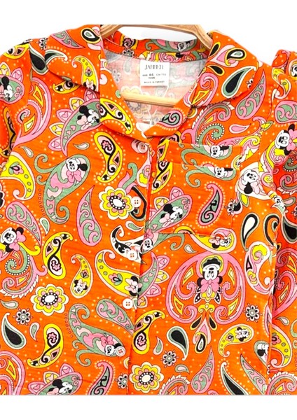Kız Çocuk Düğmeli Etnik Desenli Gömlek Yaka Turuncu Pijama Takımı modelleri