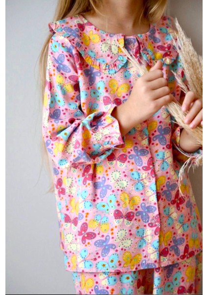 Kız Çocukbebekyaka Düğmeli Kelebekli Pijama Takımı modelleri