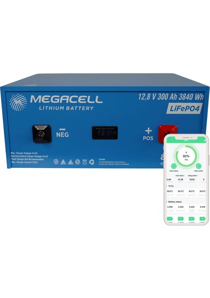 Megacell-Lifepo4 Metal Kasa Bluetooth 12,8V 300AH Lityum Demir Fosfat Akü