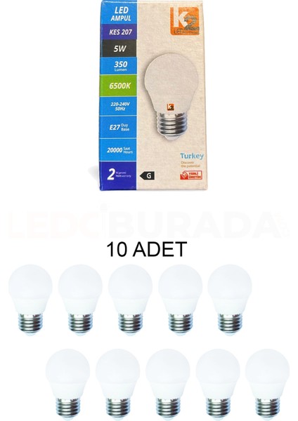 KES207 LED Ampul 5W Beyaz Işık E27 Duy - 10'lu Paket