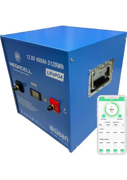 Megacell-Lifepo4 Metal Kasa Bluetooth 12,8V 400AH Lityum Demir Fosfat Akü