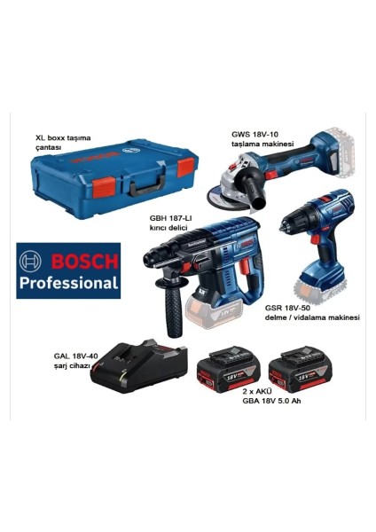 Bosch3 Toosprofessional Set GBH187Lİ+GWS18V10+GSR18V50+GAL18V40+GBA18V5.0AHX2+XL-BOXX