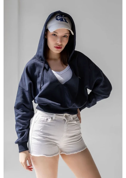 la & vetta  Kapüşonlu V Yaka Crop Örme Sweatshirt