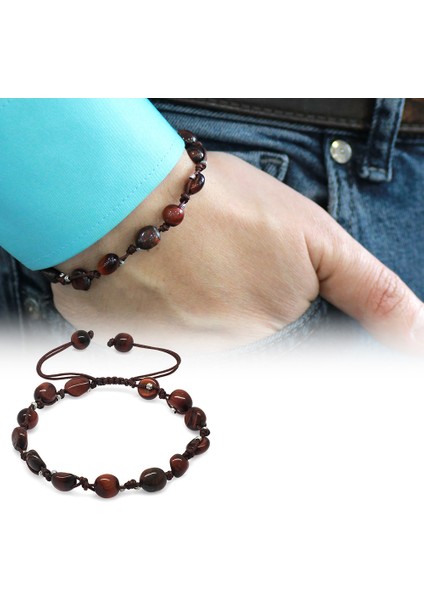 Makrome Örgülü Naturel Kesim Dorika Top Detaylı Koyu Renk Kaplangözü Doğaltaş Erkek Bileklik