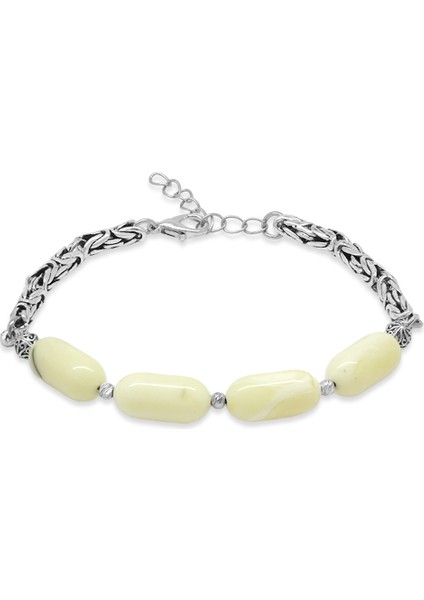 Kararmaz Metal Kral Zincirli Dorika Top Süslemeli Kapsül Kesim Sarı-Beyaz Renk Doğal Damla Kehribar Erkek Bileklik