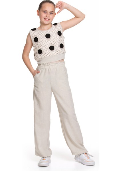 Örgü Desenli Crop ve Büzgülü Pantolon Kız çocuk takım - Bej
