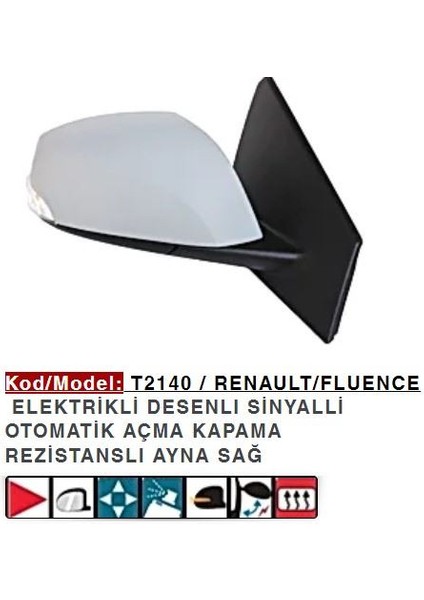 Fluence Sağ Dış Dikiz Ayna Elektrikli Astarlı Power Flok 963010176R Gold