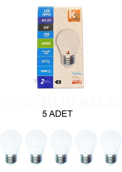 KES207 LED Ampul 5W Beyaz Işık E27 Duy - 5'li Paket