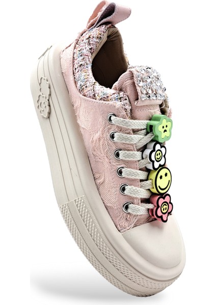 Foershadow S1900 Yüksek Tabanlı Emoji ve Taş Detaylı Pembe Kadın Sneaker Spor Ayakkabı