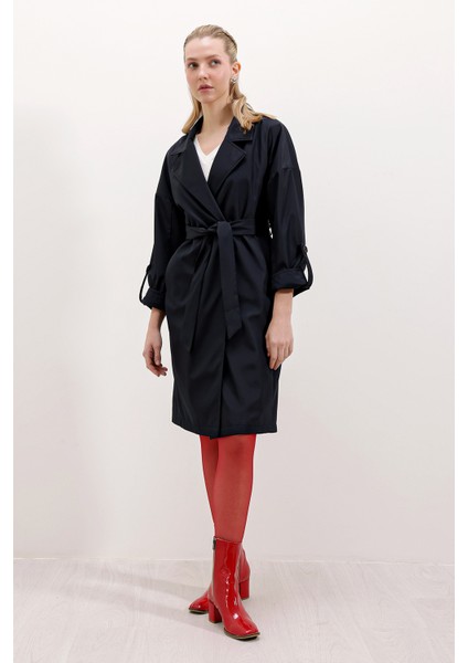 9104 Kruvaze Yaka Astarlı Trençkot - Lacivert modelleri