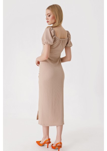 2396 Yırtmaçlı Yazlık Örme Elbise - Bisküvi indirimleri