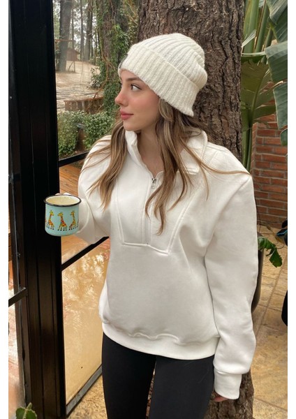Kirli Beyaz Fermuar Detaylı Oversize Sweatshirt