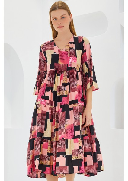 Kadın Fuşya Siyah Desenli Kısa Kol Viskon Elbise 1959