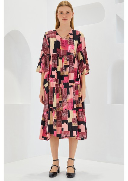 Kadın Fuşya Siyah Desenli Kısa Kol Viskon Elbise 1959 fiyatları